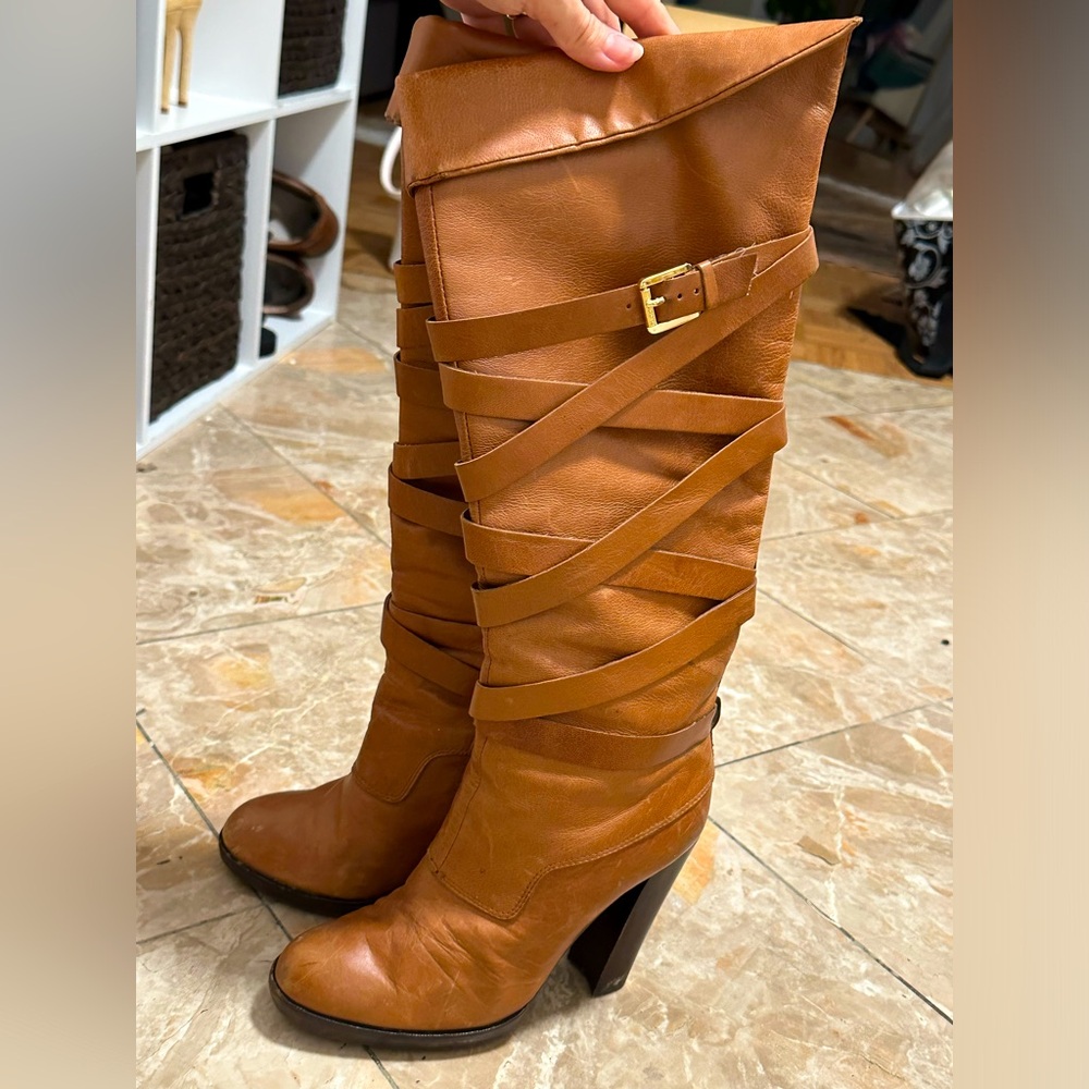 Michael Kors tan leather, gold accessory, sexy boots. Moto, knee high boots.